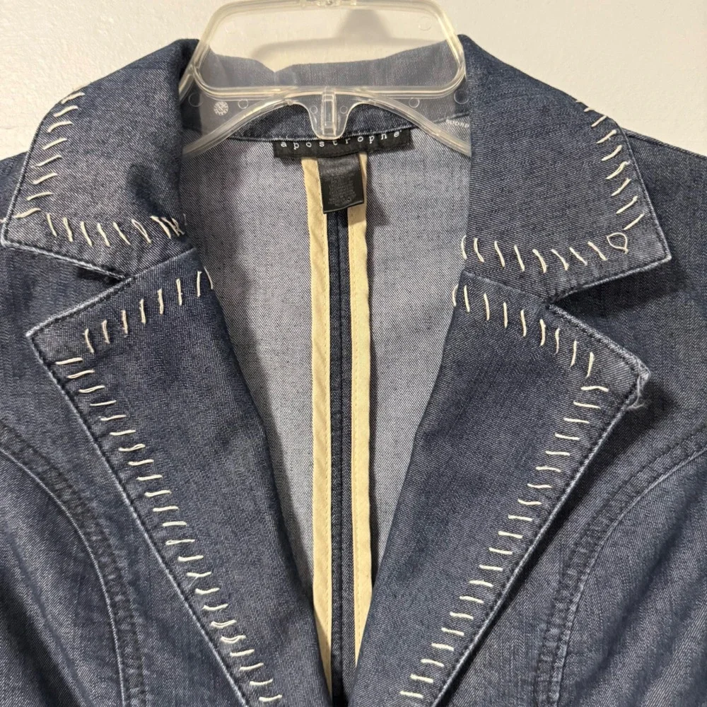 Apostrophe Womens Denim Jacket Blue White Contrast Stitching Blazer Style Size 2